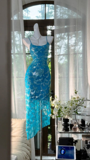 Stunning Sheath Spaghetti Straps Sequin Blue Chiffon Party Dress Evening Dress HZ1023